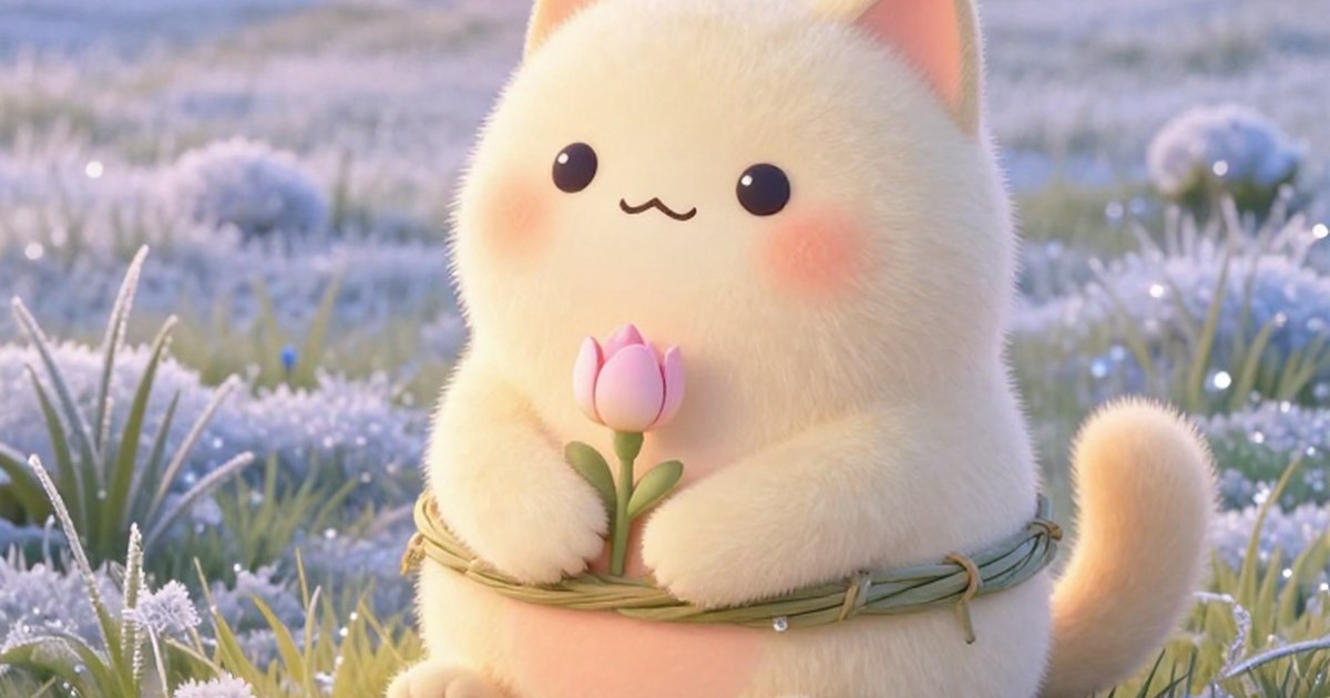 Snug, a small round cream creature holding a pink tulip in a frosty sunrise meadow